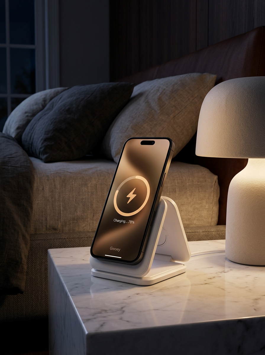 Nivora white edition on a marble bedside table at night