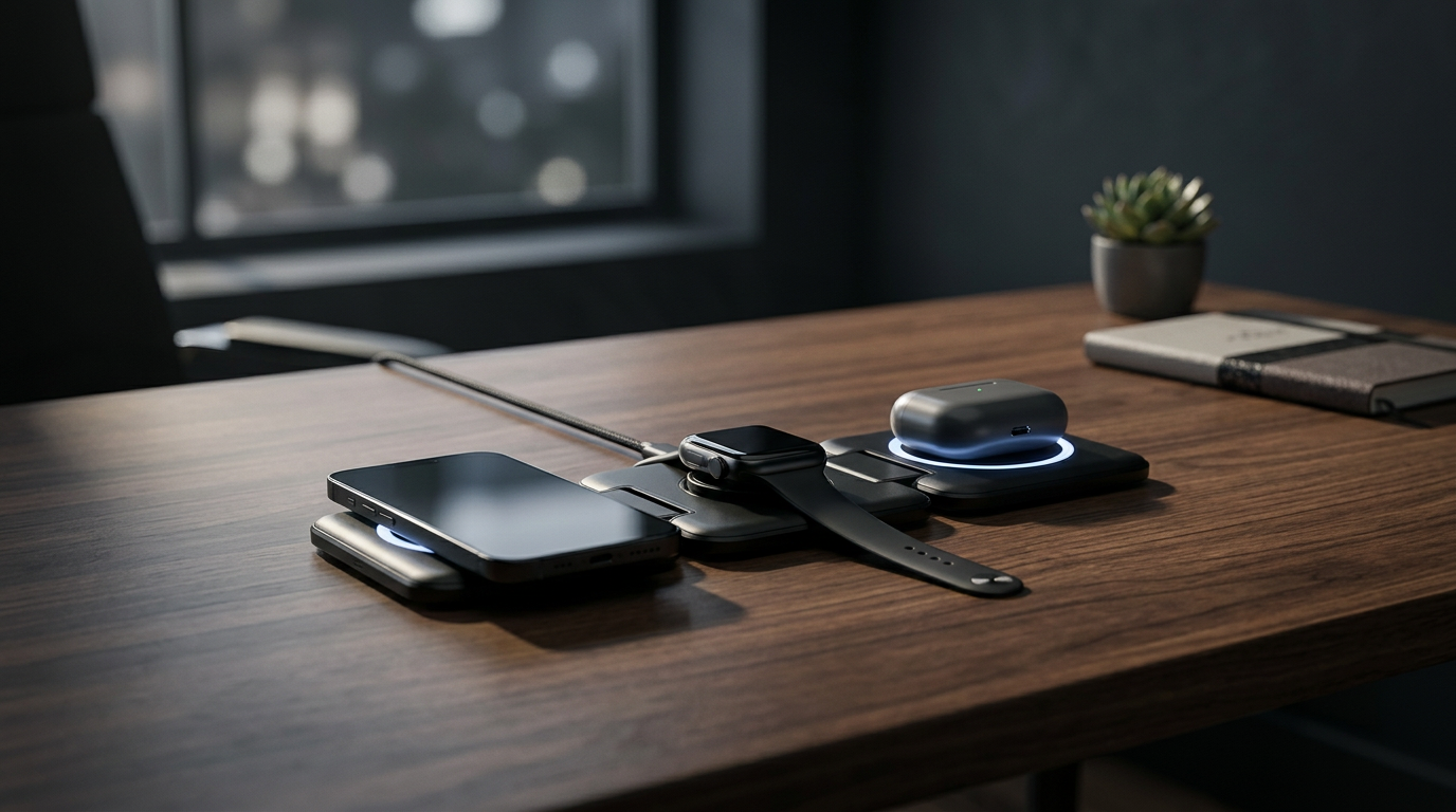 Nivora unfolded on a walnut desk charging phone, watch, and earbuds